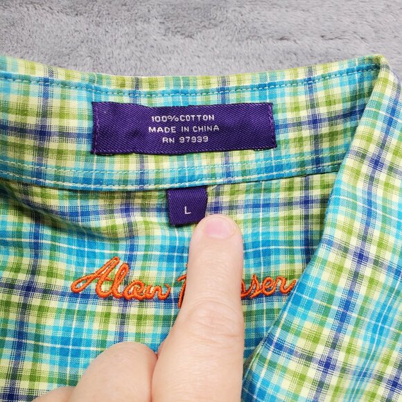 Alan Flusser Button Down Long Sleeve Plaid Shirt Green Blue Purple Mn Sz L - Picture 4 of 10